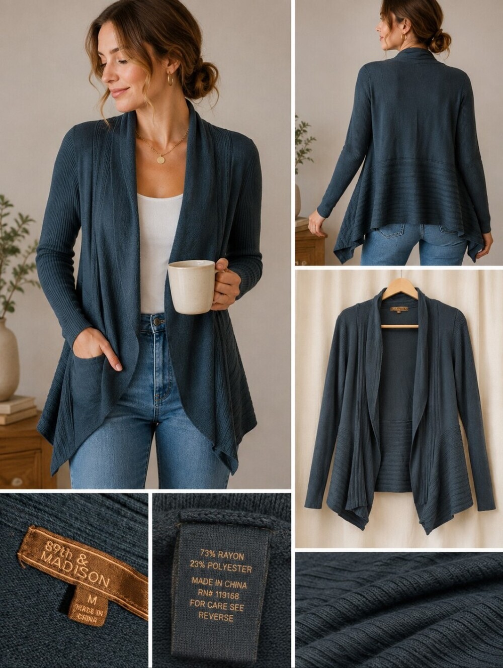89th & Madison Teal Open Front Waterfall Cardigan Sweater Women's Medium